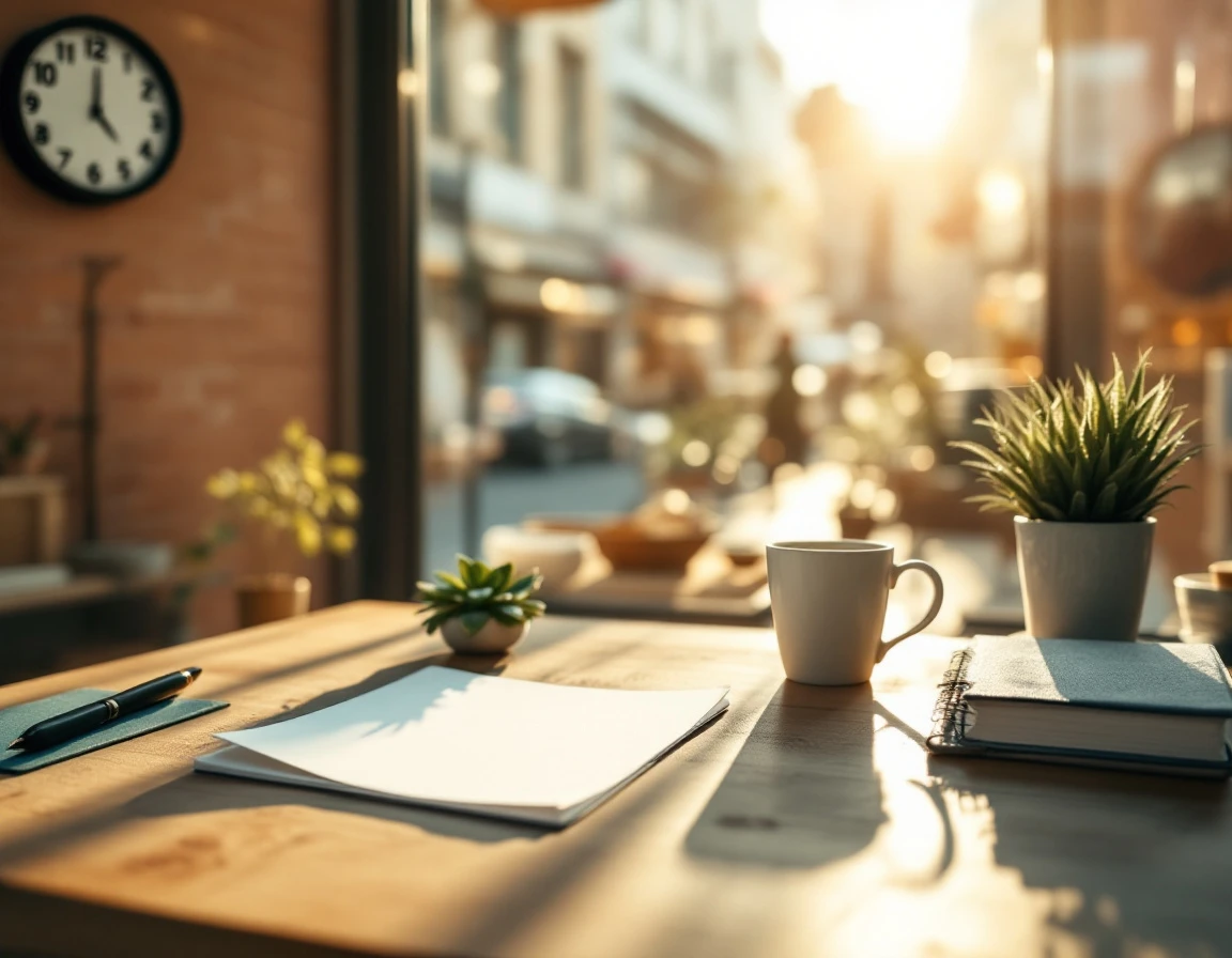 Clean workspace with notepad and coffee cup suggesting retail scheduling and labor planning activities