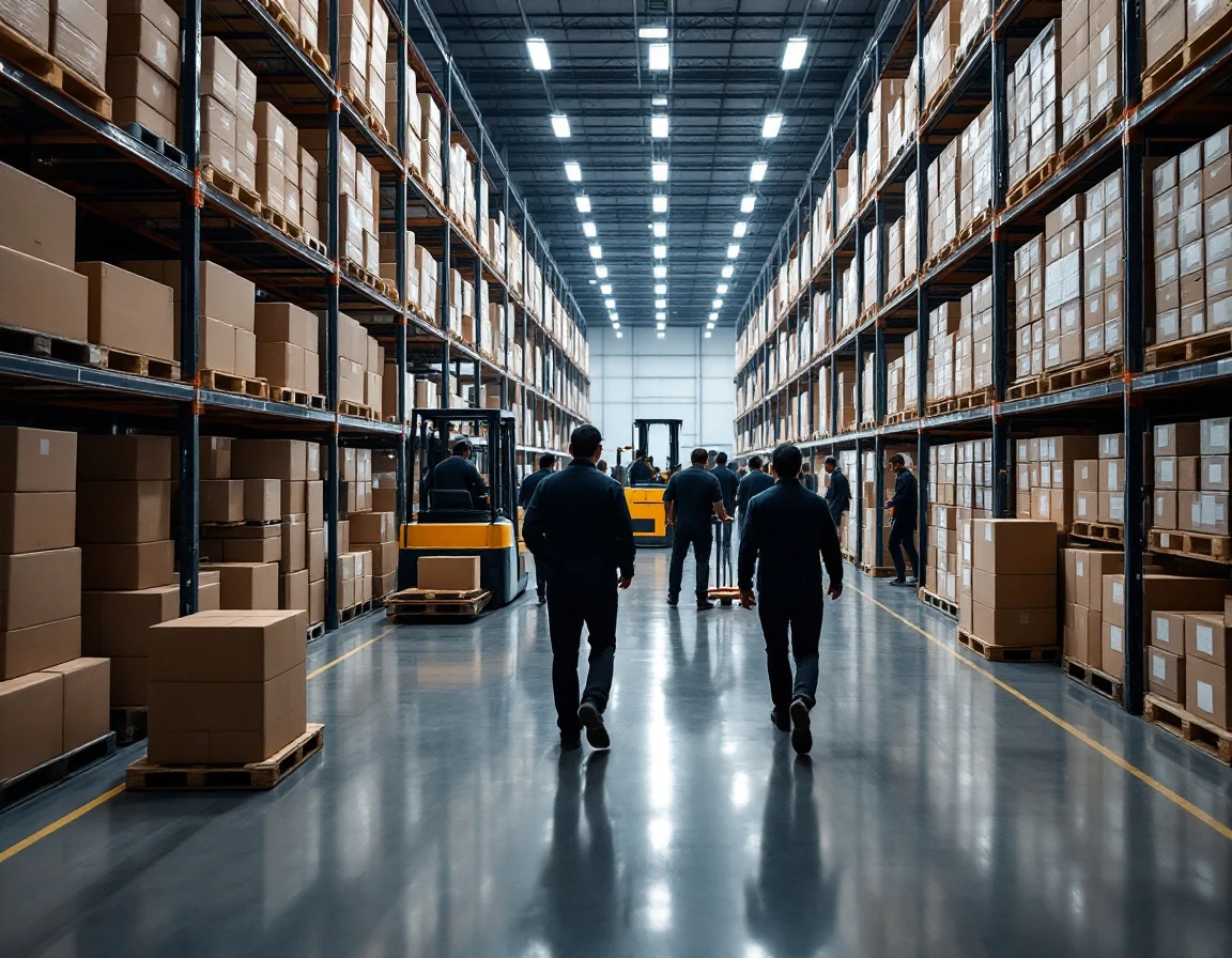Warehouse workers managing inventory during high-volume fulfillment operations with forklifts and conveyor systems