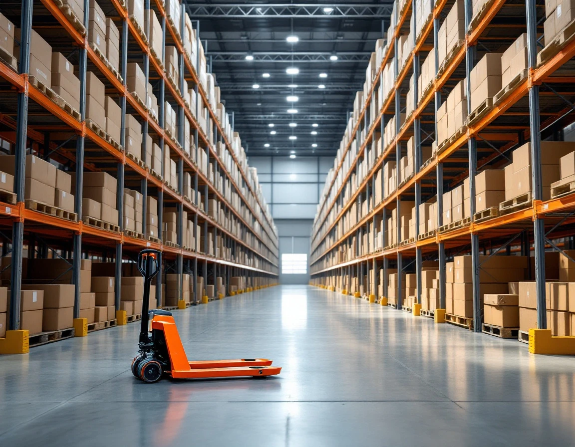 Warehouse interior with pallet jacks and storage racks showing fulfillment capacity for demand forecasting