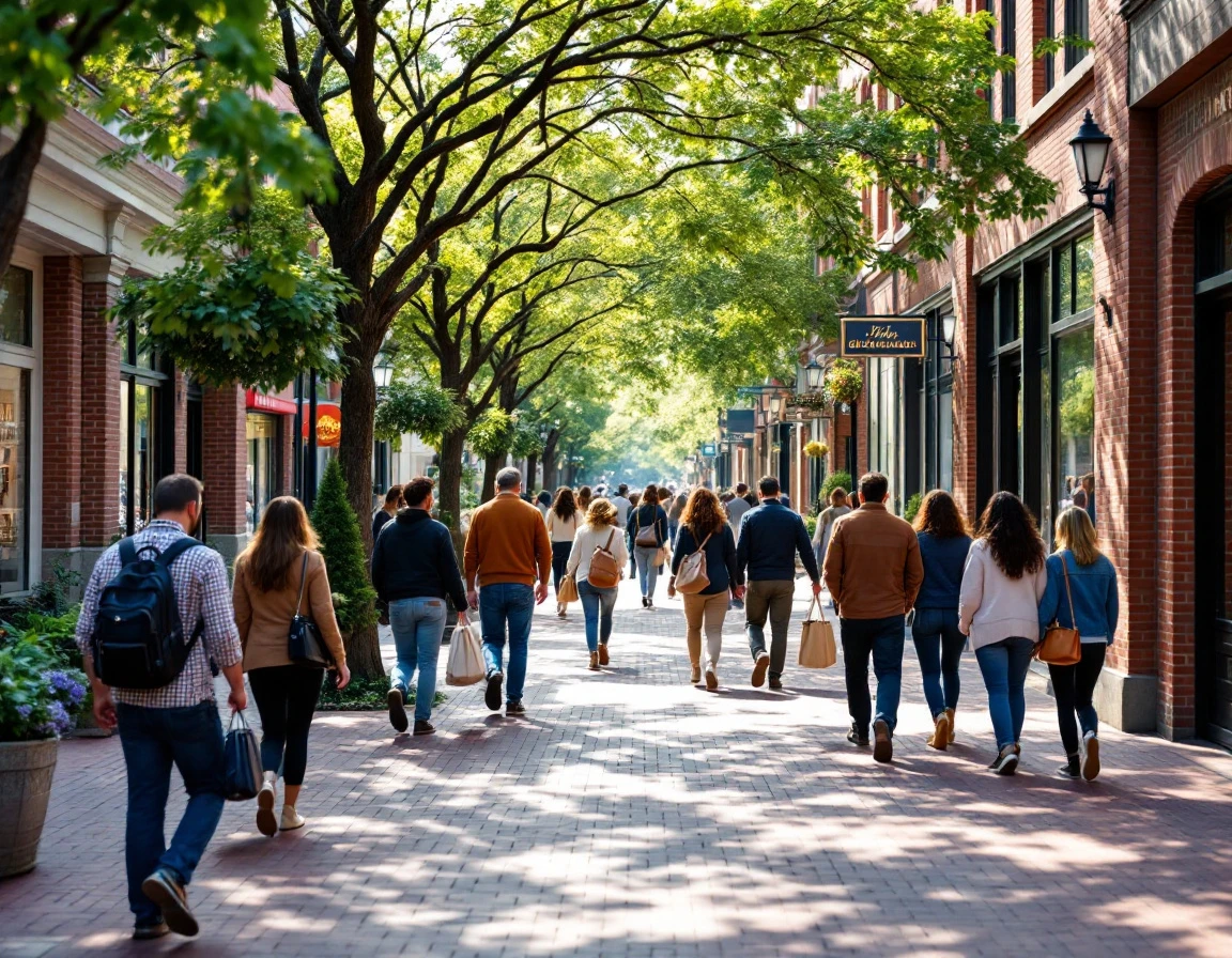 Busy pedestrian shopping street with varying foot traffic throughout the day showing natural customer flow patterns