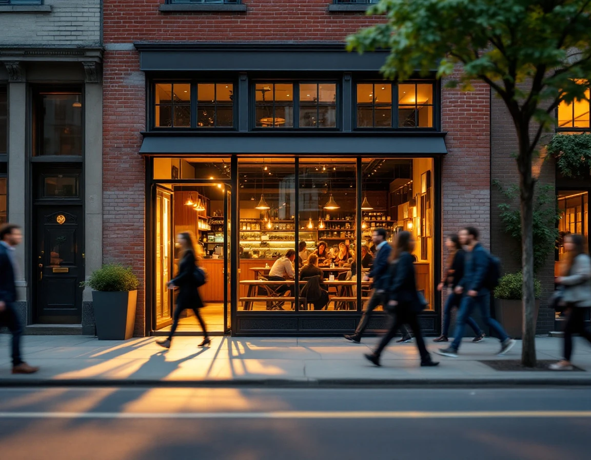 Coffee shop storefront with weekend customers during golden hour showing Saturday foot traffic patterns
