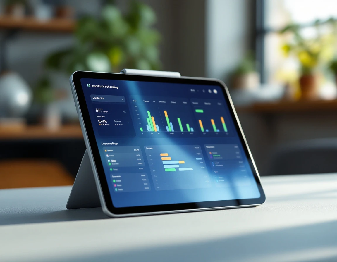 Modern tablet displaying workforce scheduling software with calendar grids and labor planning visualizations