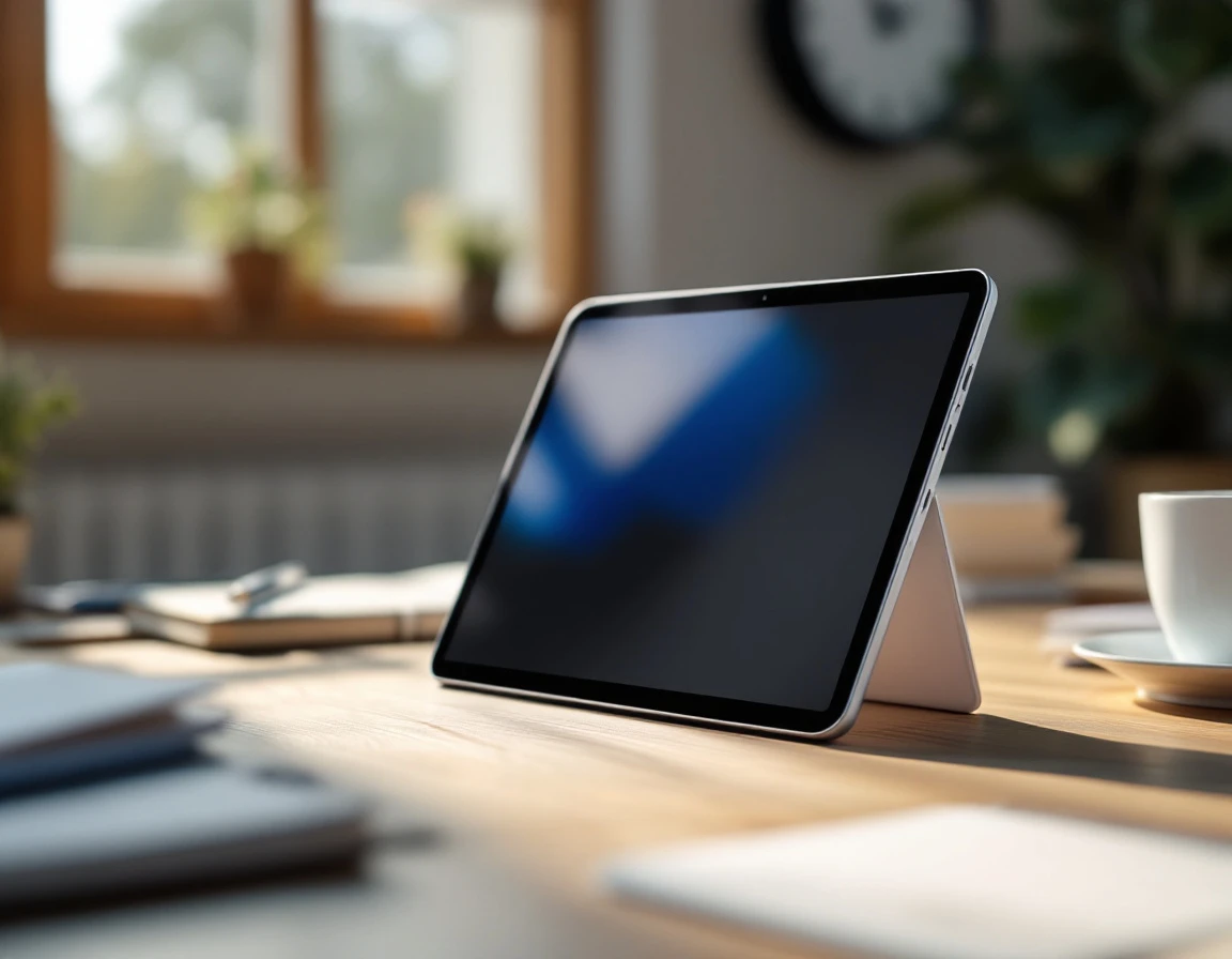 Blurred tablet device on office desk with planning materials and wall clock in professional workspace