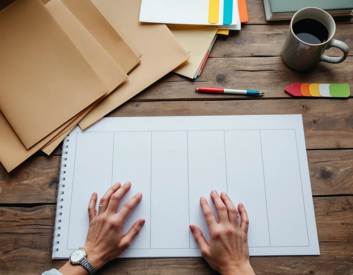 Retail manager's desk with color-coded folders and blank planning materials during scheduling session