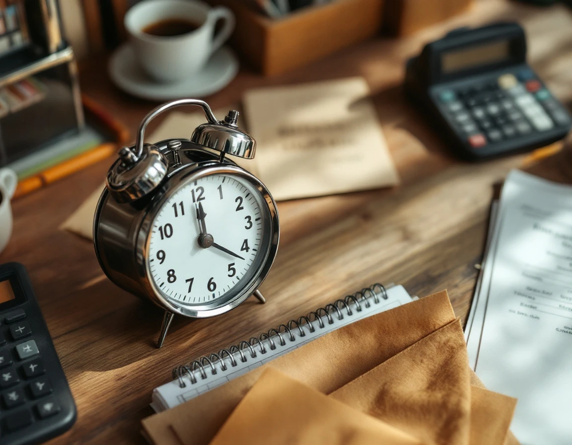 Analog time clock and scheduling papers on retail manager's desk showing traditional workflow tools