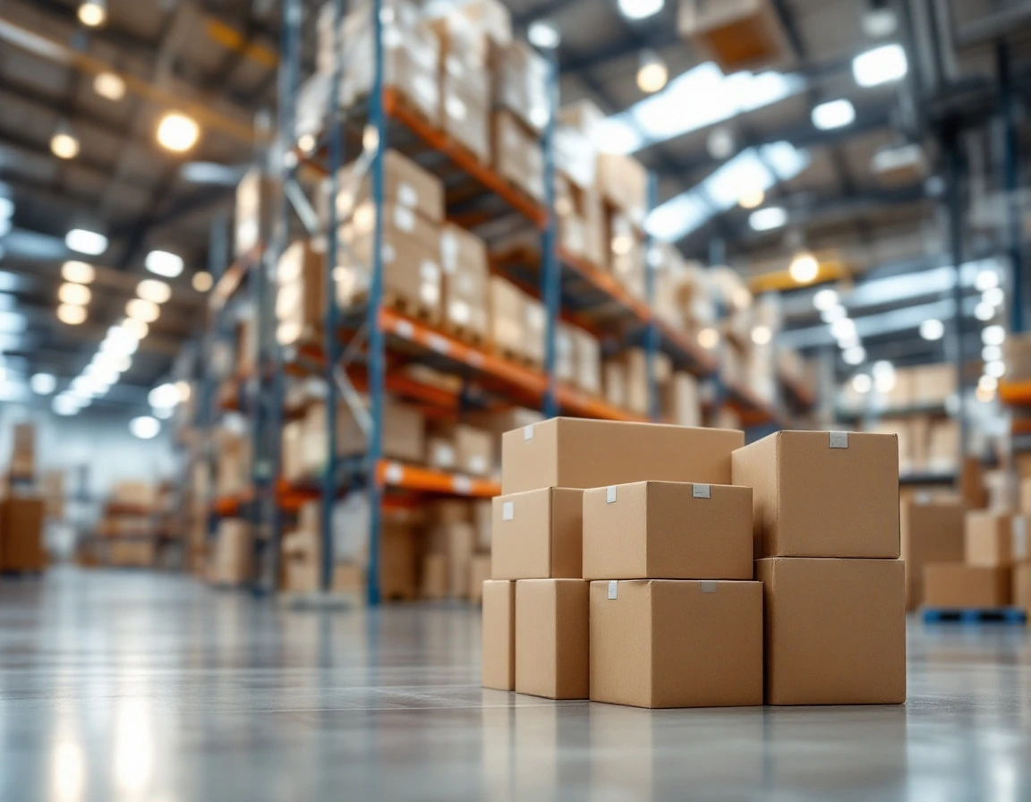 Organized warehouse shelving with stacked inventory boxes demonstrating efficient distribution center operations