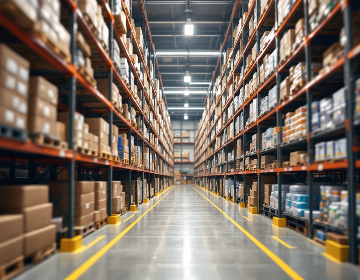 Organized retail stockroom with rationalized inventory on industrial shelving under natural warehouse lighting