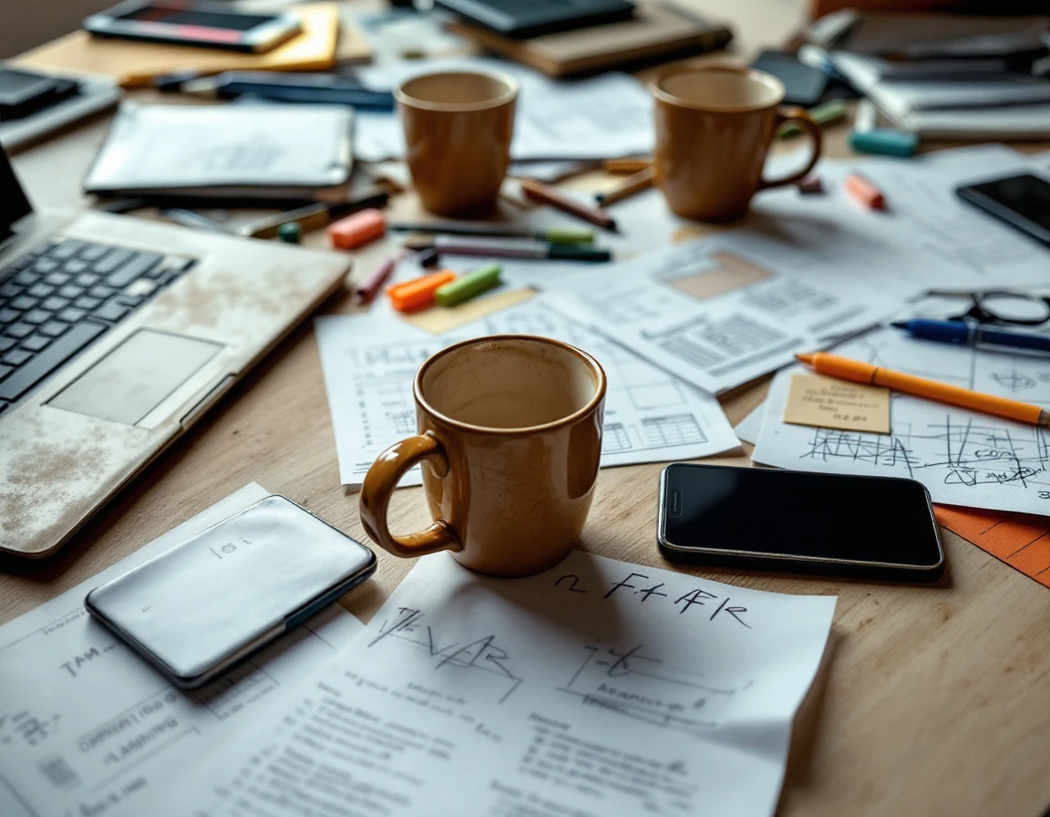 Cluttered retail manager desk with coffee mugs, scattered papers, and laptop showing workplace disorganization
