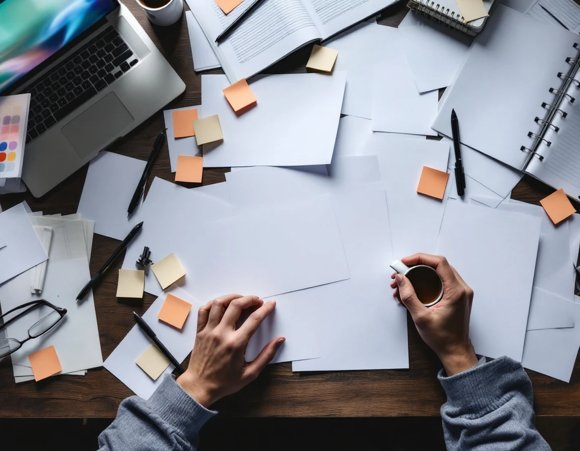Cluttered retail manager desk with scattered papers, coffee, and blank planning materials showing workplace overwhelm
