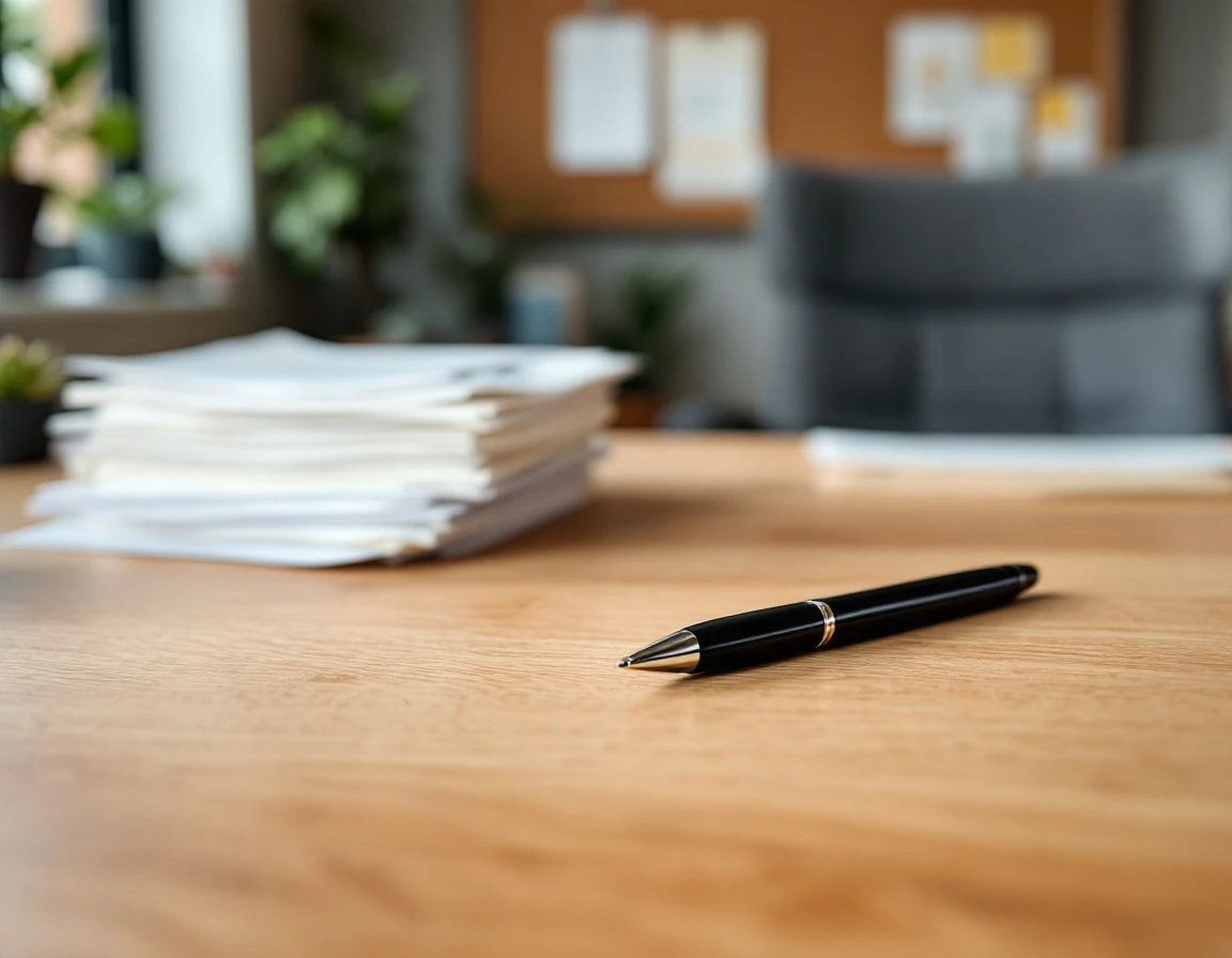 Black pen on wooden desk with blurred office papers and plant in retail manager's workspace