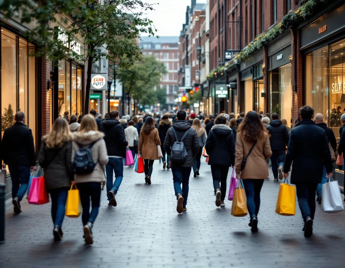 Busy pedestrian shopping street with weekend crowds carrying shopping bags past retail storefronts