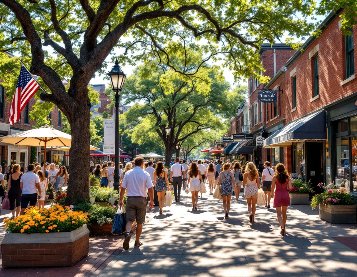 Busy neighborhood shopping street on Saturday with crowds, storefronts, trees, and sidewalk commerce