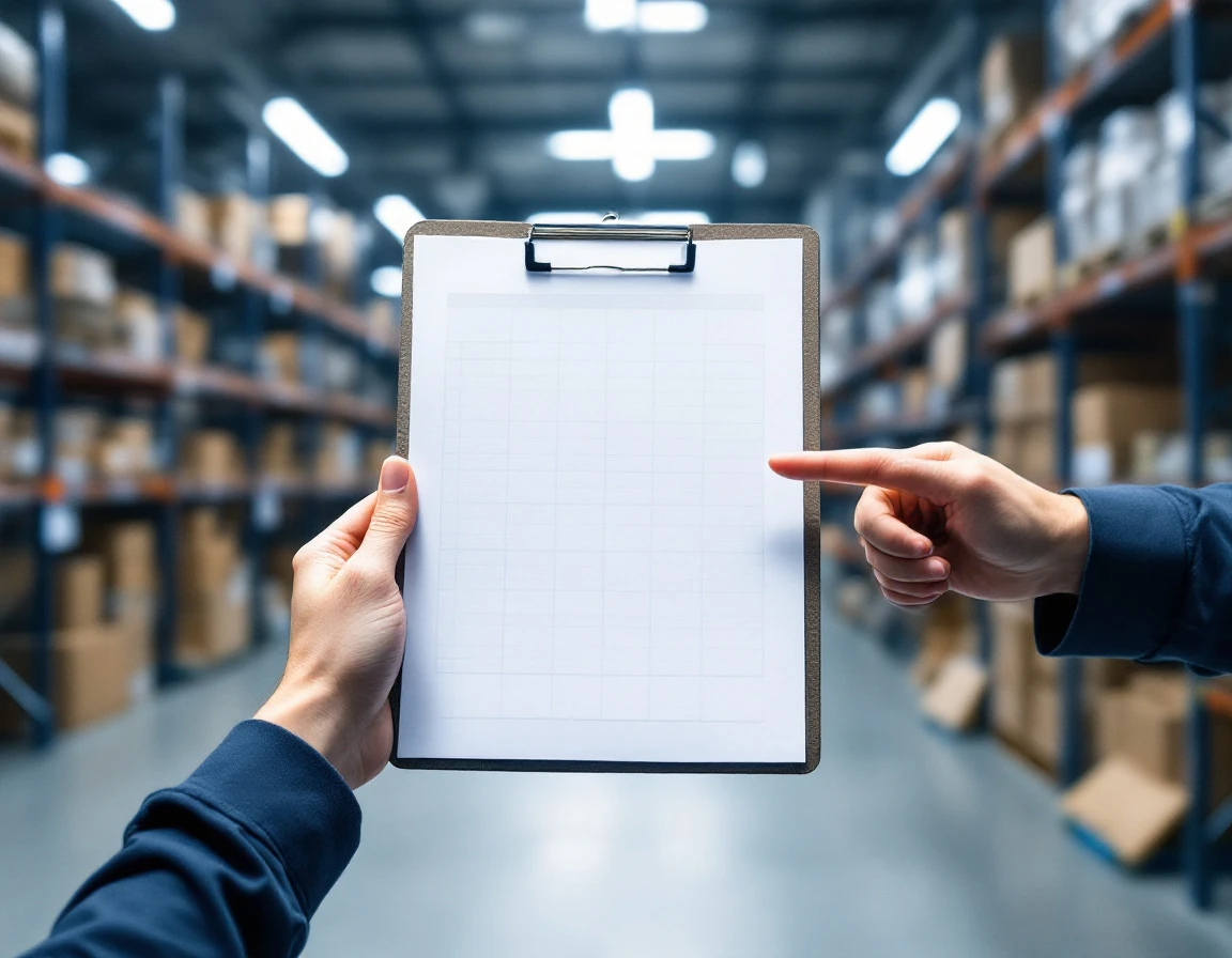 Retail manager reviewing blurred scheduling documents with team member in warehouse stockroom environment
