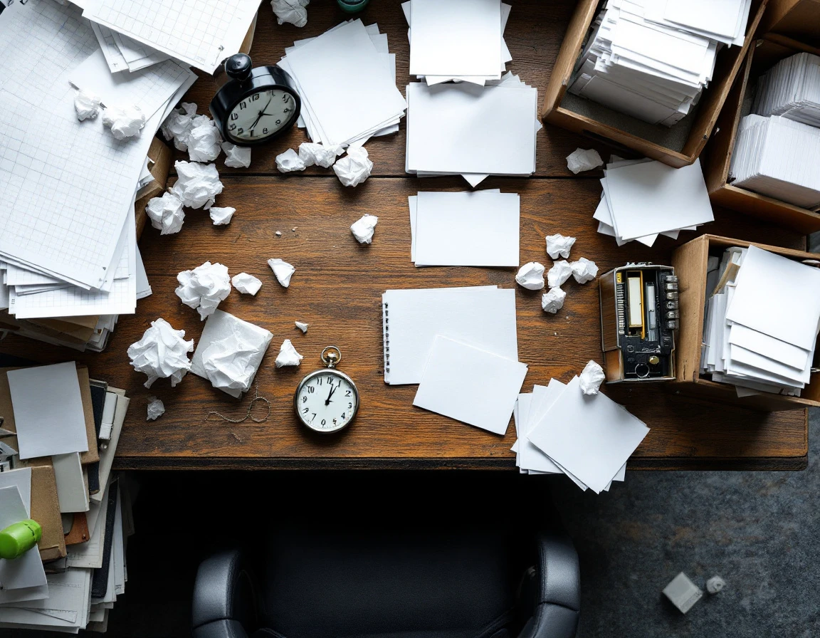 Cluttered desk with blank calendars, timekeeping tools, and disorganized papers representing scheduling chaos