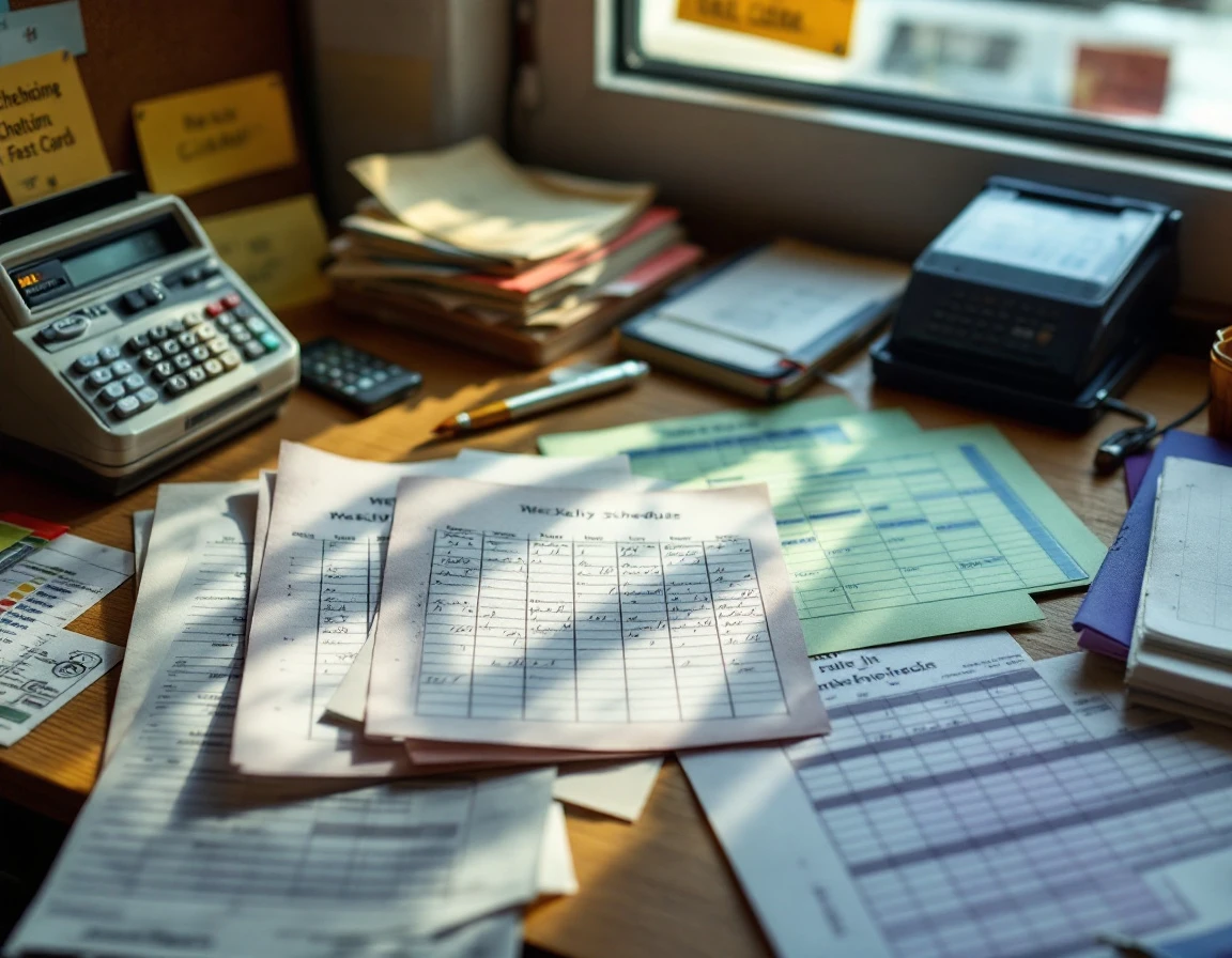 Restaurant manager's cluttered desk with paper schedules and time cards showing workforce planning challenges