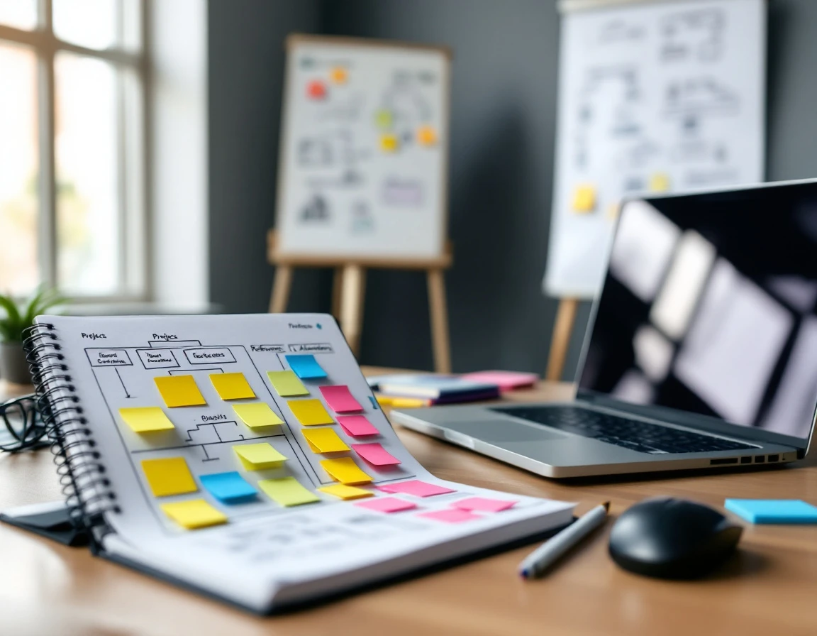 Organized office workspace with planning notebook, sticky notes, and strategic resource allocation materials