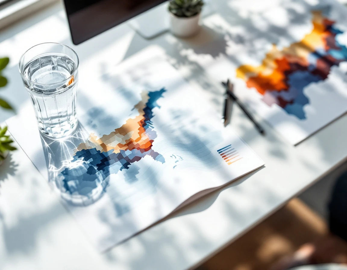 Workspace with geographic heat map documents showing regional workforce demand patterns in soft gradient colors