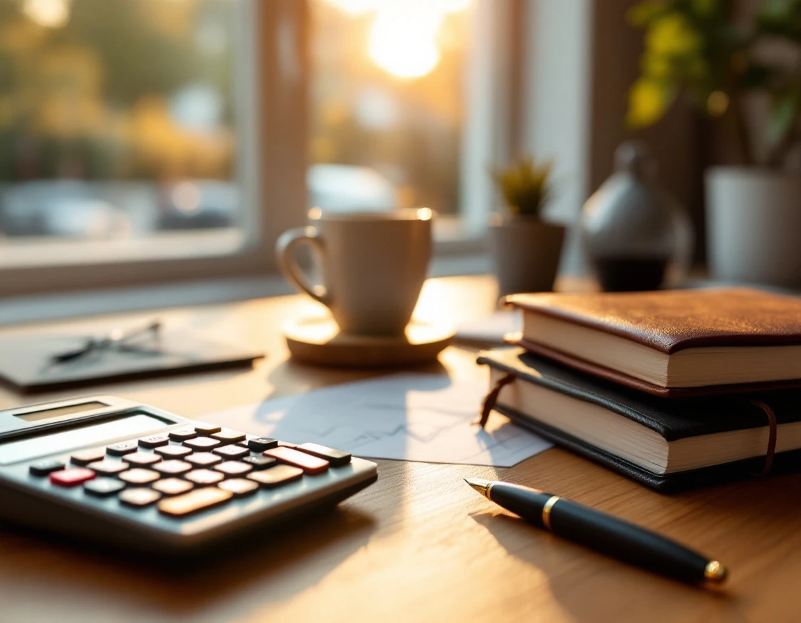 Financial calculator and closed notebooks on a sunlit desk workspace for tracking sales forecasts