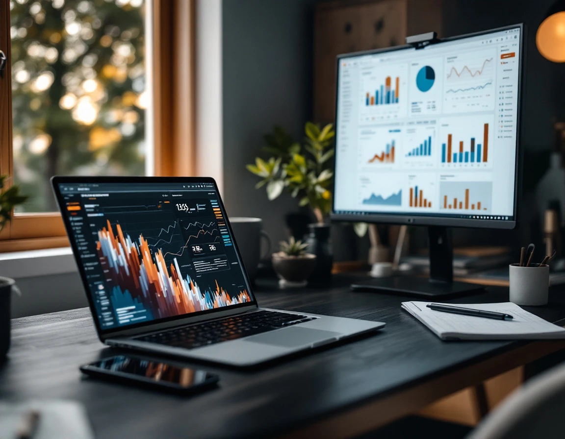 Modern desk workspace with laptop and monitor displaying data visualizations for sales forecast analysis
