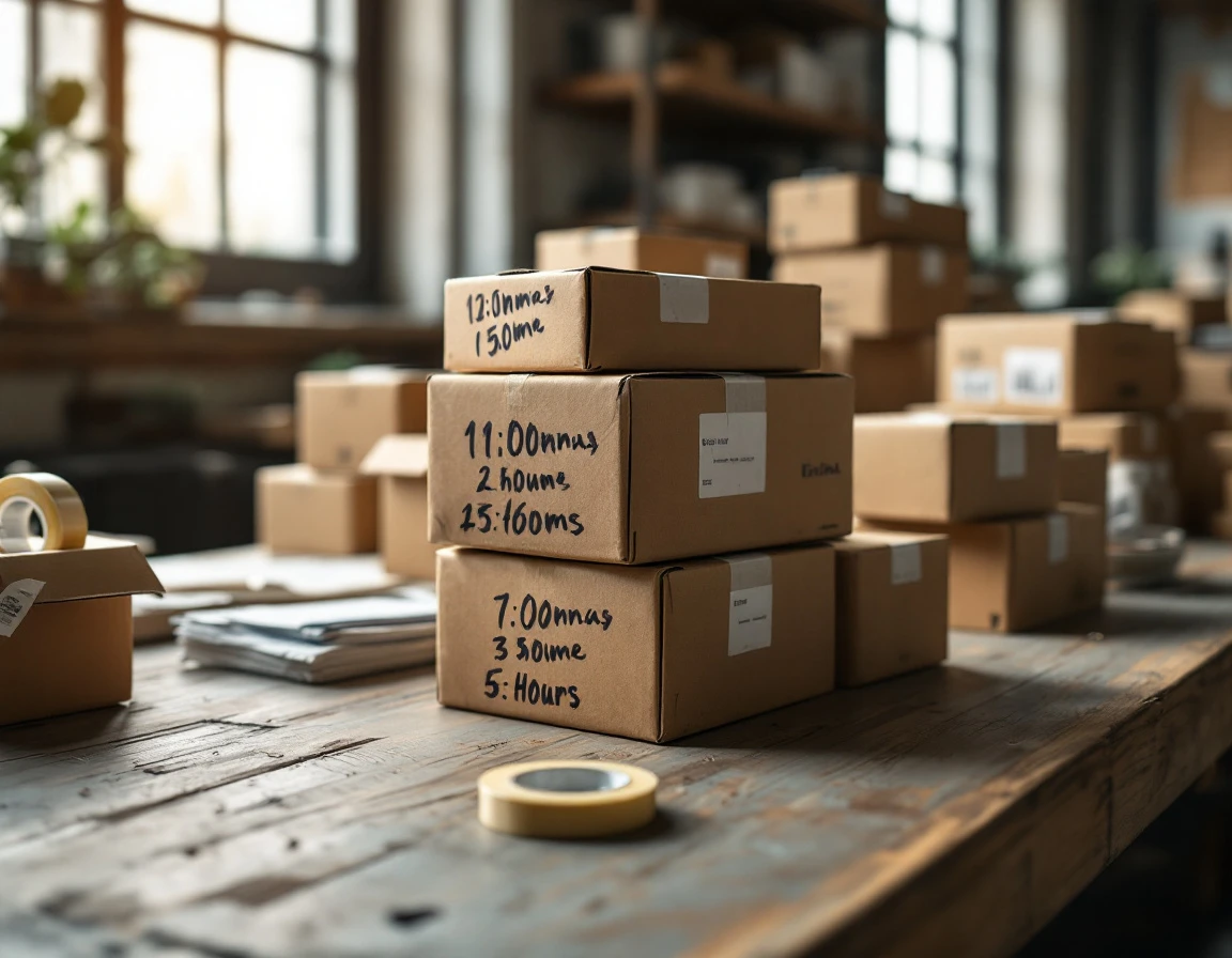 Stacked shipping packages at varying heights showing hourly volume differences during peak demand periods