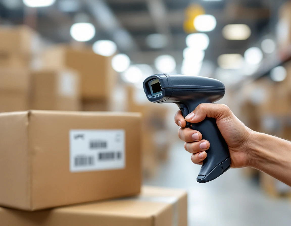 Warehouse worker scanning barcode on shipping box with handheld scanner during peak season operations