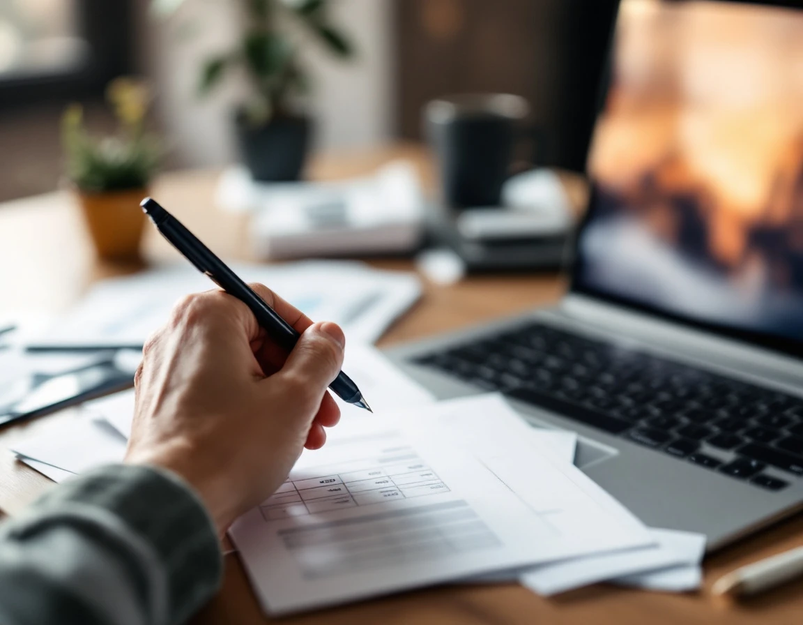 Hand with pen hovering over blank planning papers on professional desk with laptop and coffee during analysis work