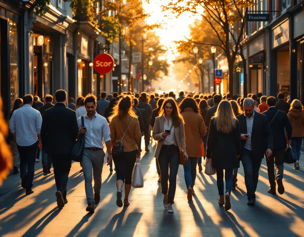 Busy urban shopping district with pedestrians during peak afternoon business hours