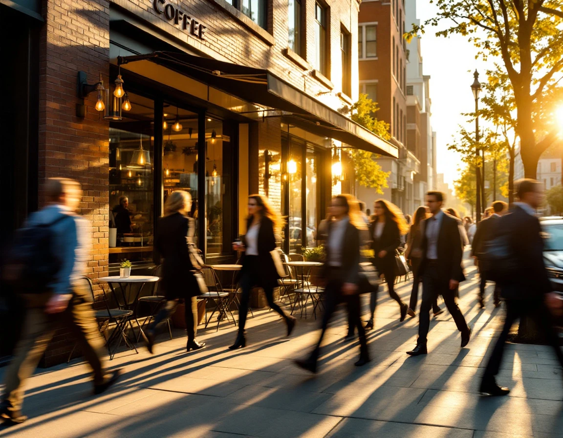 Busy urban coffee shop entrance during peak hours with motion-blurred crowds passing by in golden hour light