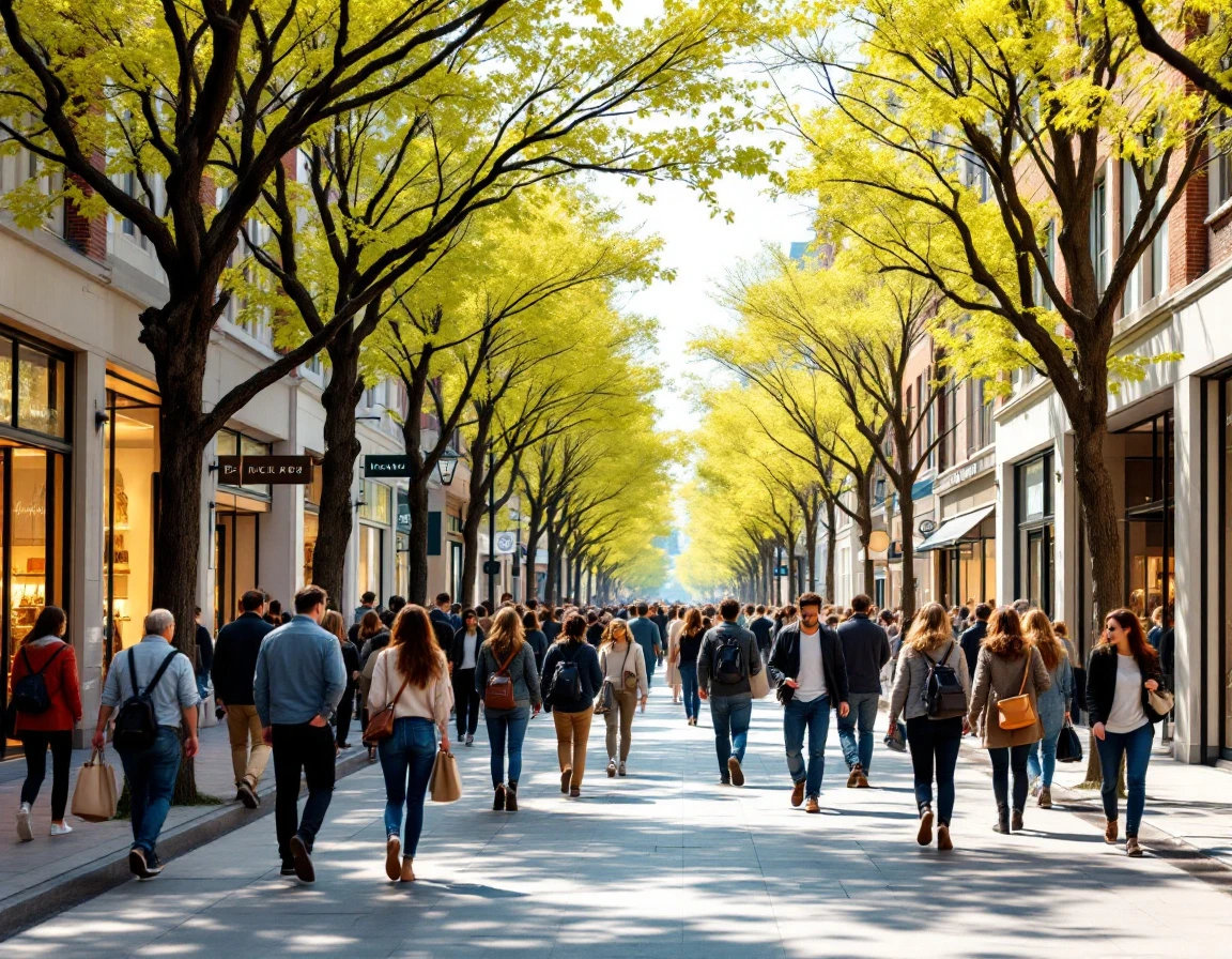 Spring morning street scene with shoppers moving along commercial district sidewalks under tree canopy