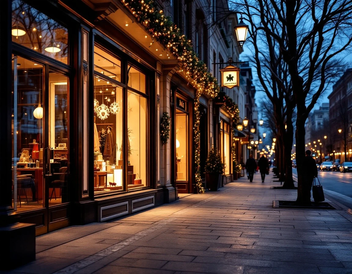 Upscale retail shopping street at dusk with warm storefront lighting and pedestrian walkways