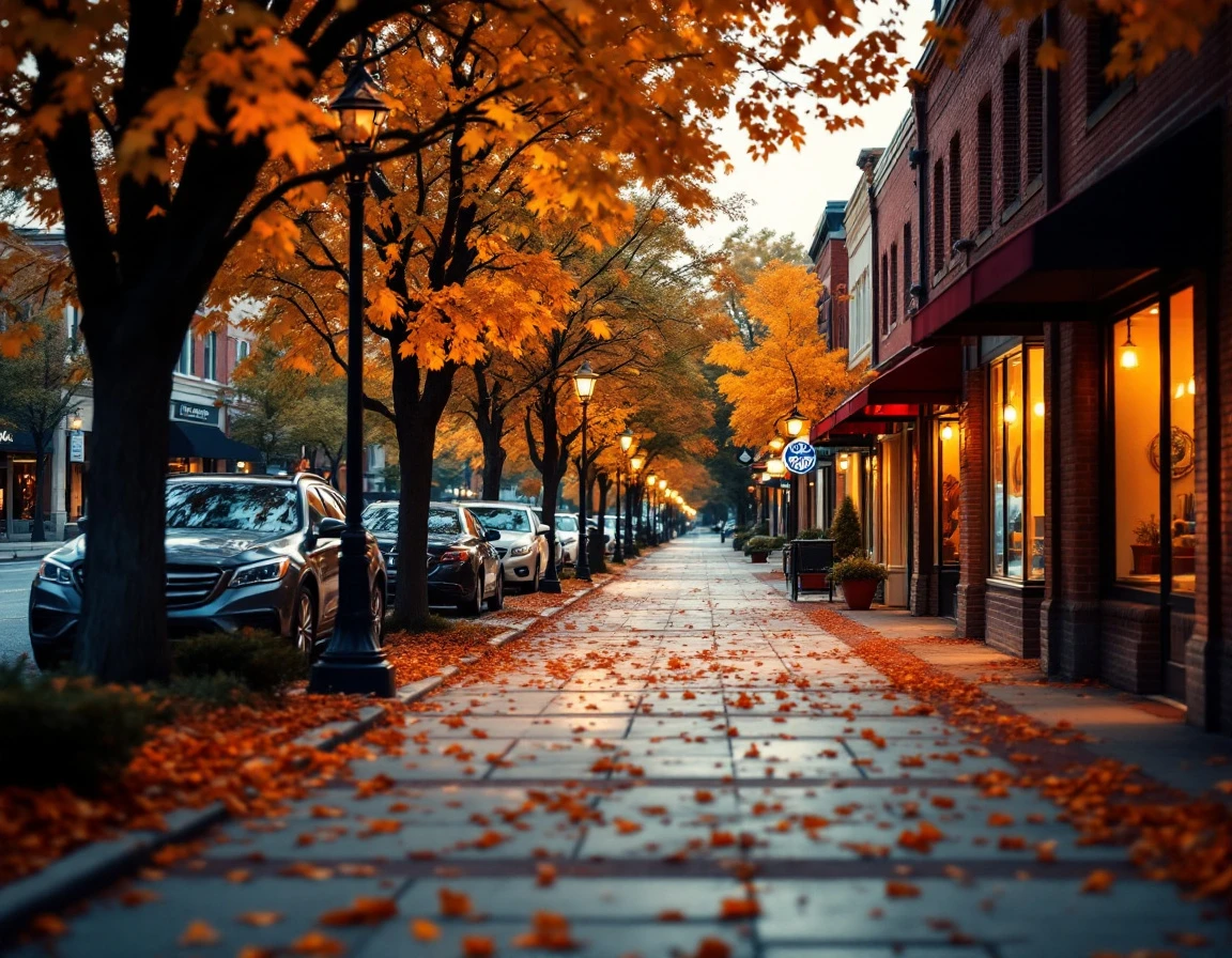 Suburban retail district in autumn with empty storefronts during golden hour before the holiday season