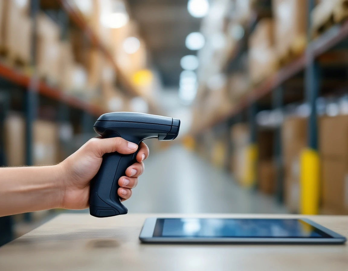 Barcode scanner and tablet in retail warehouse with inventory shelving in background