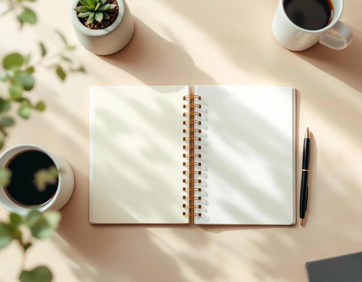 Blank notebook with coffee and pen on desk ready for holiday scheduling preparation