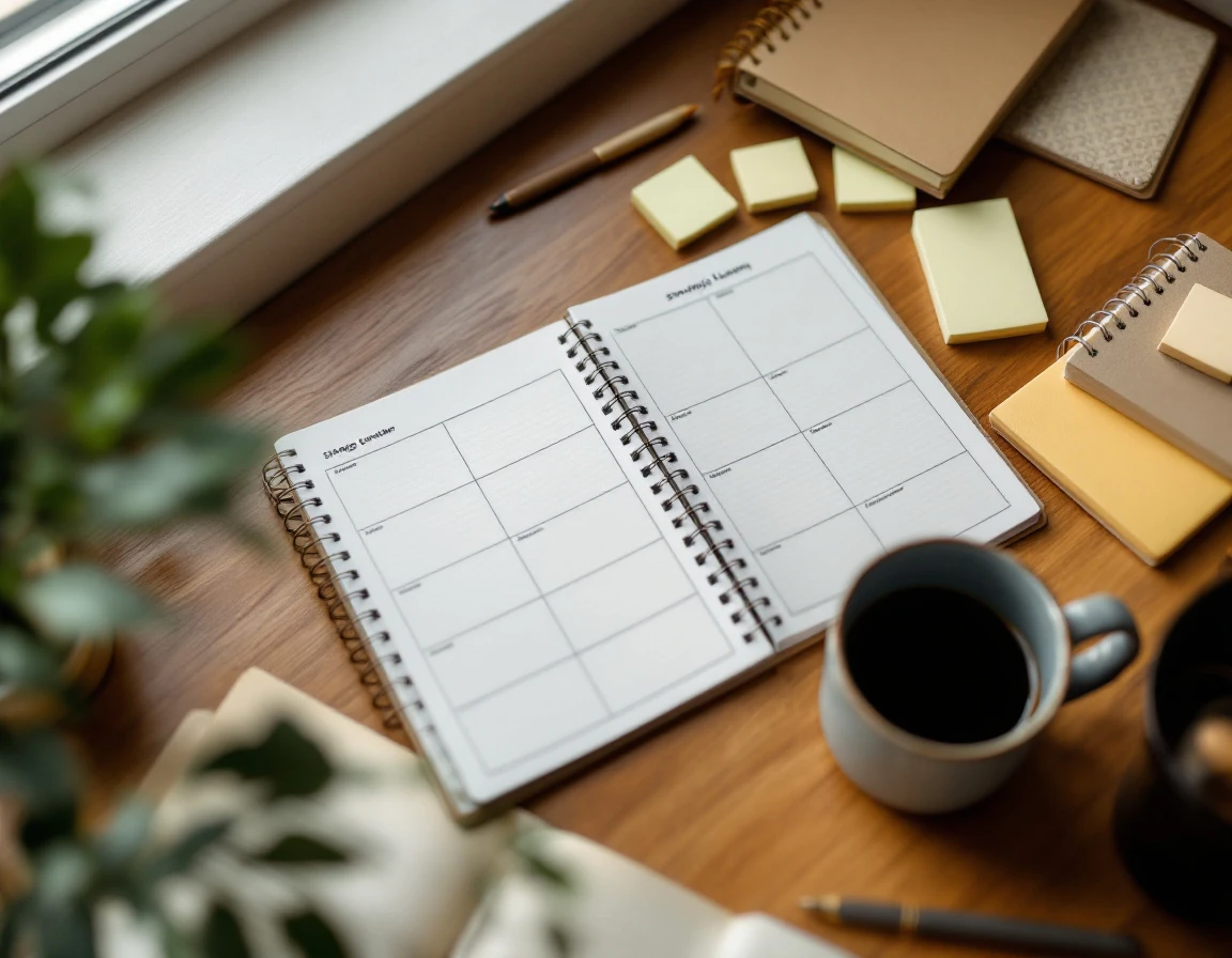 Desk workspace with calendar planner, notebooks, and sticky notes arranged for strategic scheduling