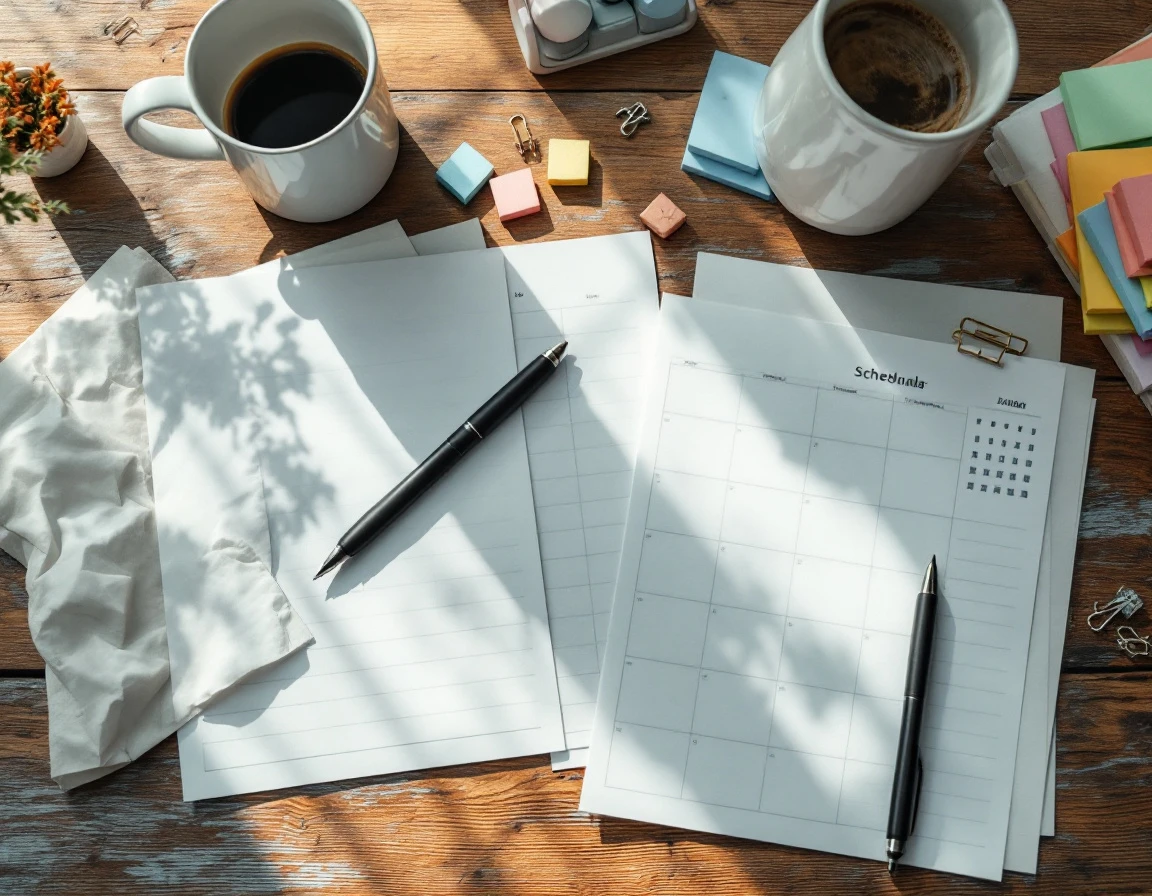 Overhead view of analog planning workspace with schedule grid, color-coded sticky notes, and unbranded pen on desk