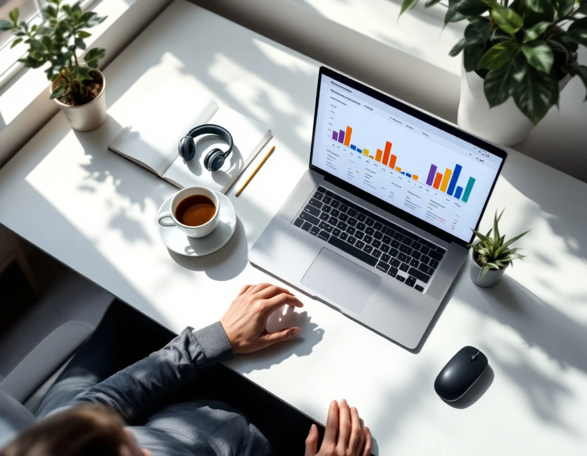 Overhead view of workspace with laptop showing workforce scheduling analytics and coffee cup