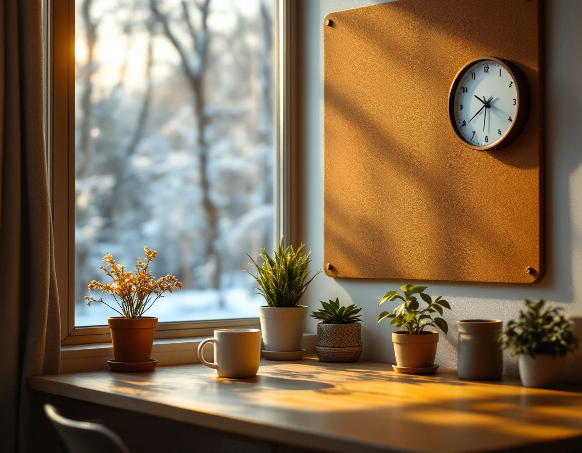Sunlit office workspace with winter view through window, showing organized desk and warm afternoon light