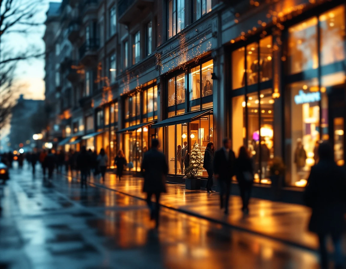 Urban retail corridor showing multiple connected storefronts illuminated at dusk with wet pavement