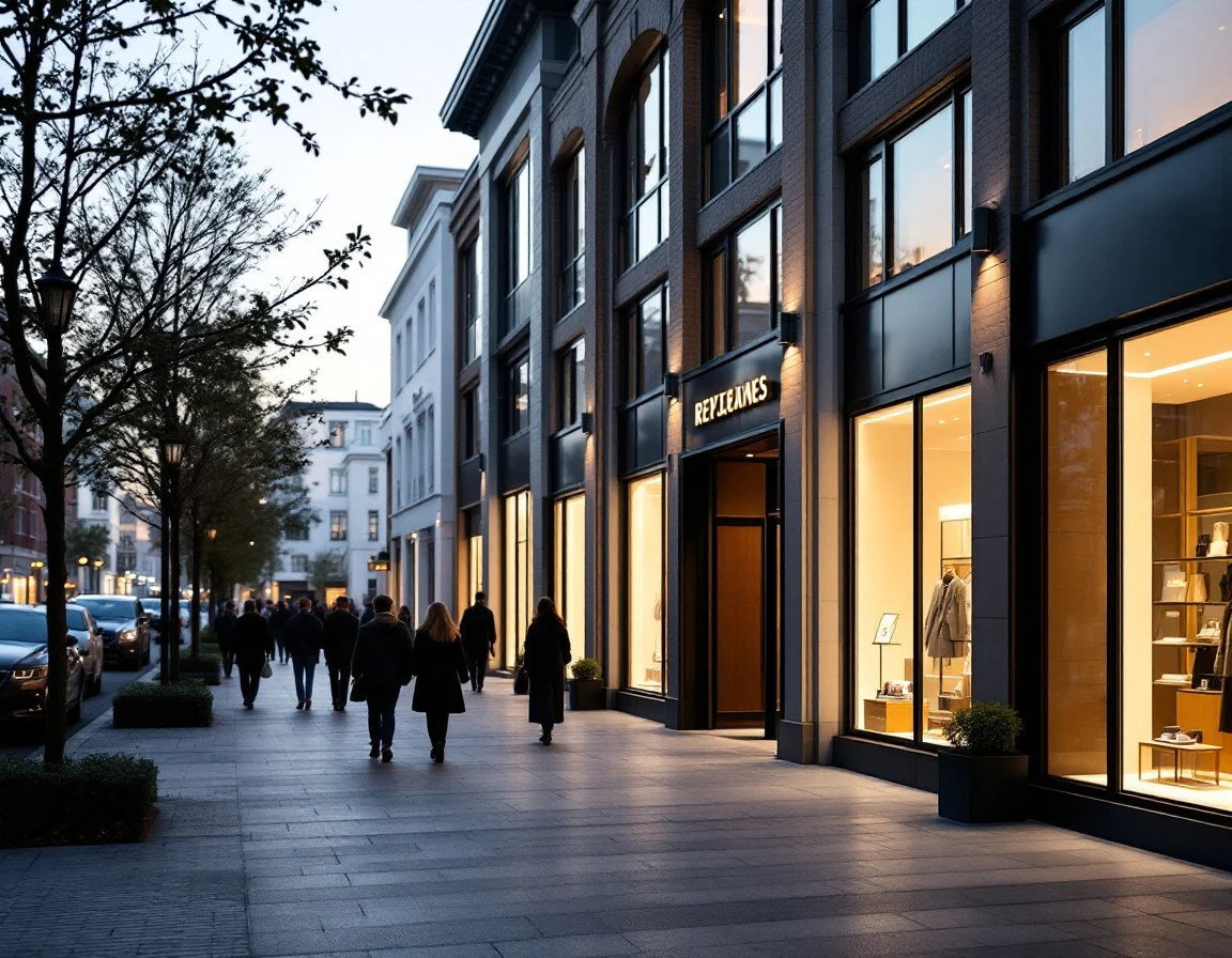 Upscale retail street at evening with pedestrian traffic and contemporary storefronts