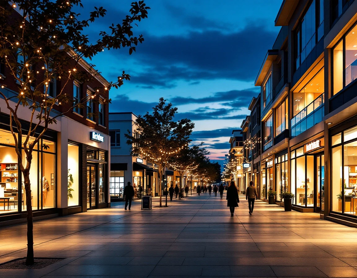 Upscale retail district at twilight showing illuminated storefronts along pedestrian boulevard