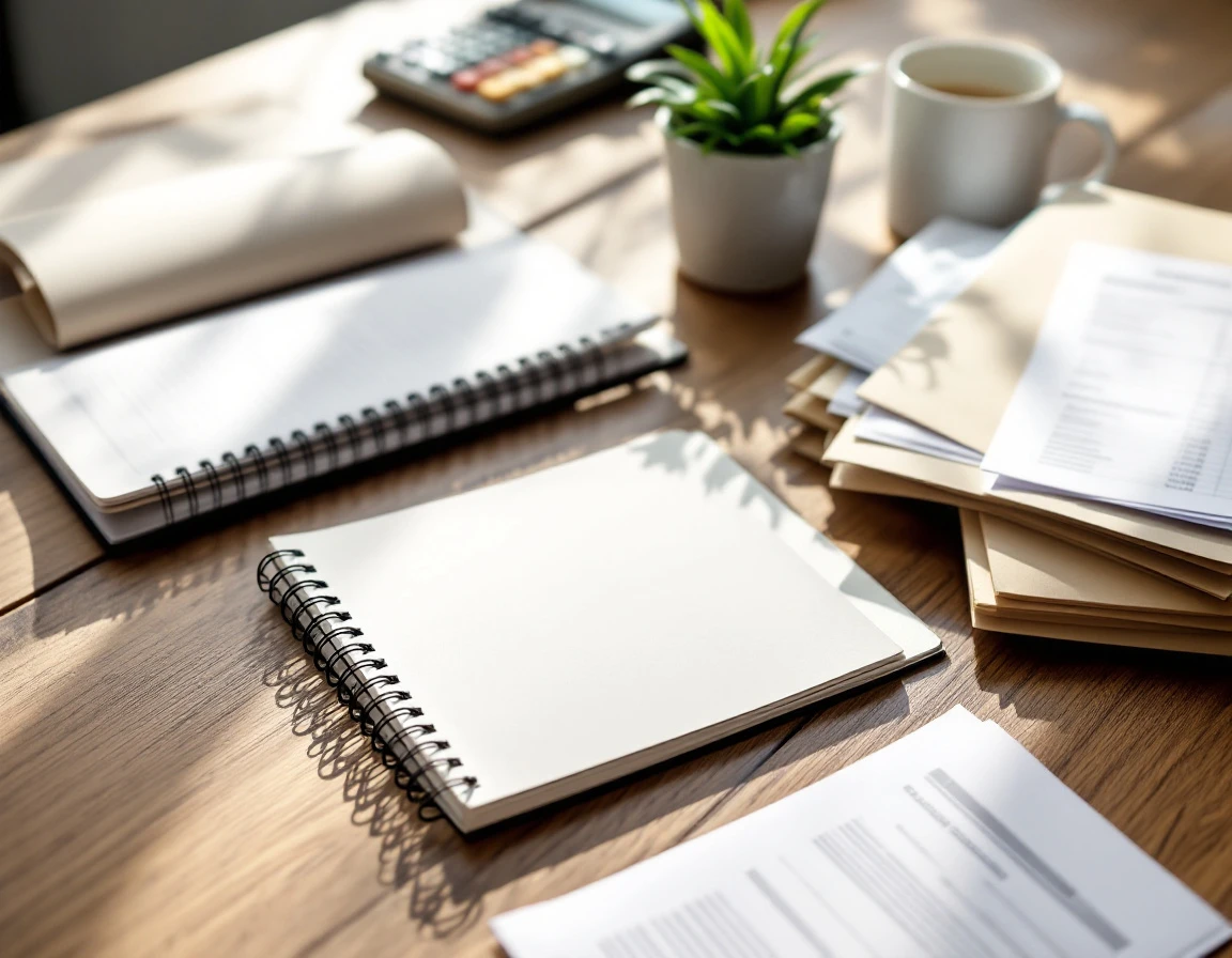 Office desk with calculator, blank papers, and coffee mug for workforce planning calculations