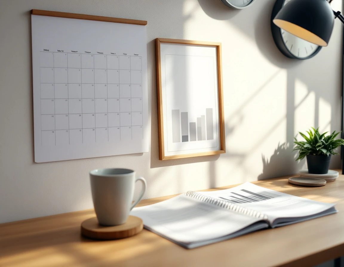 Workspace desk with blank planning calendar, open planner, and coffee mug in natural morning light