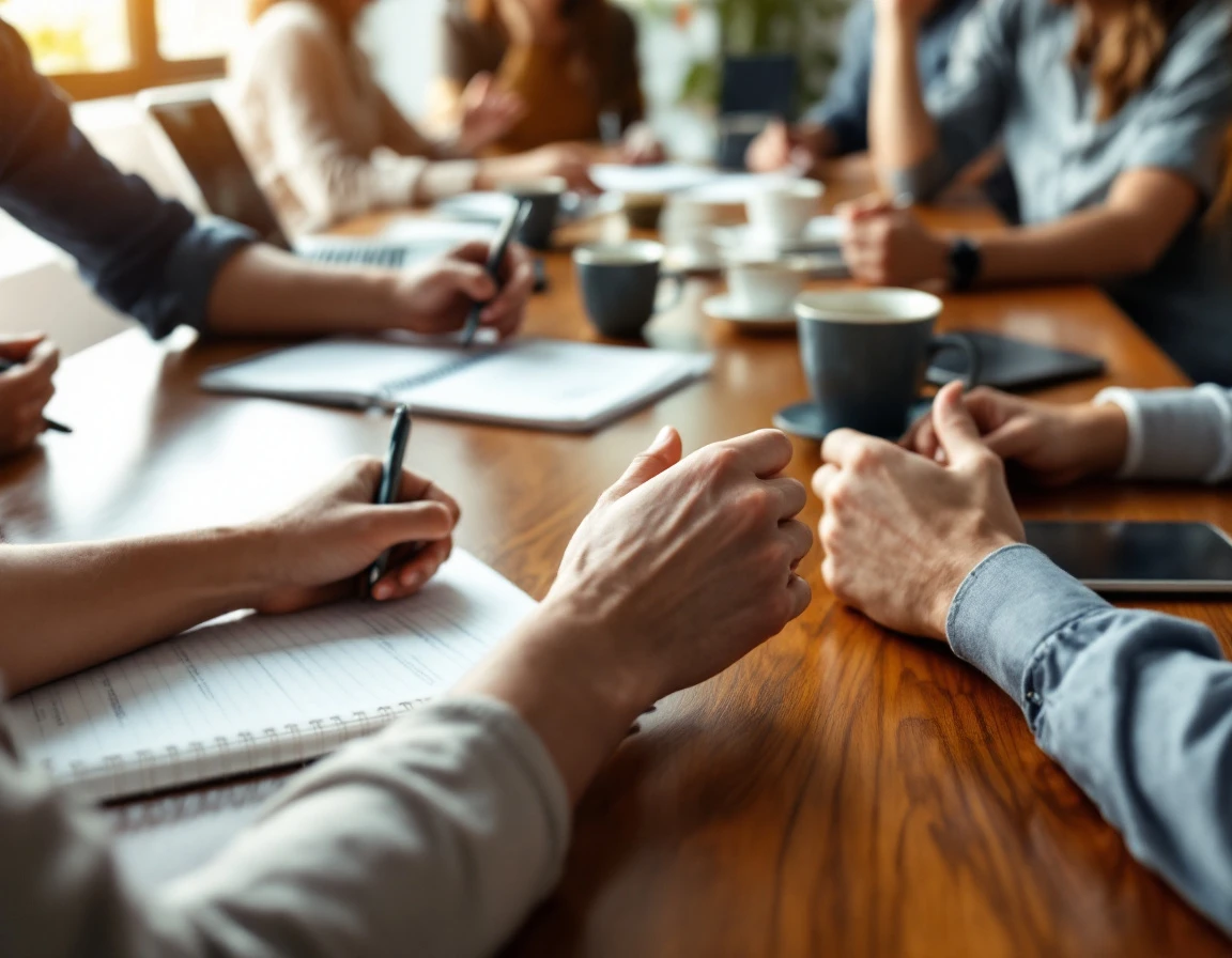 Hands collaborating around a conference table during a professional training session