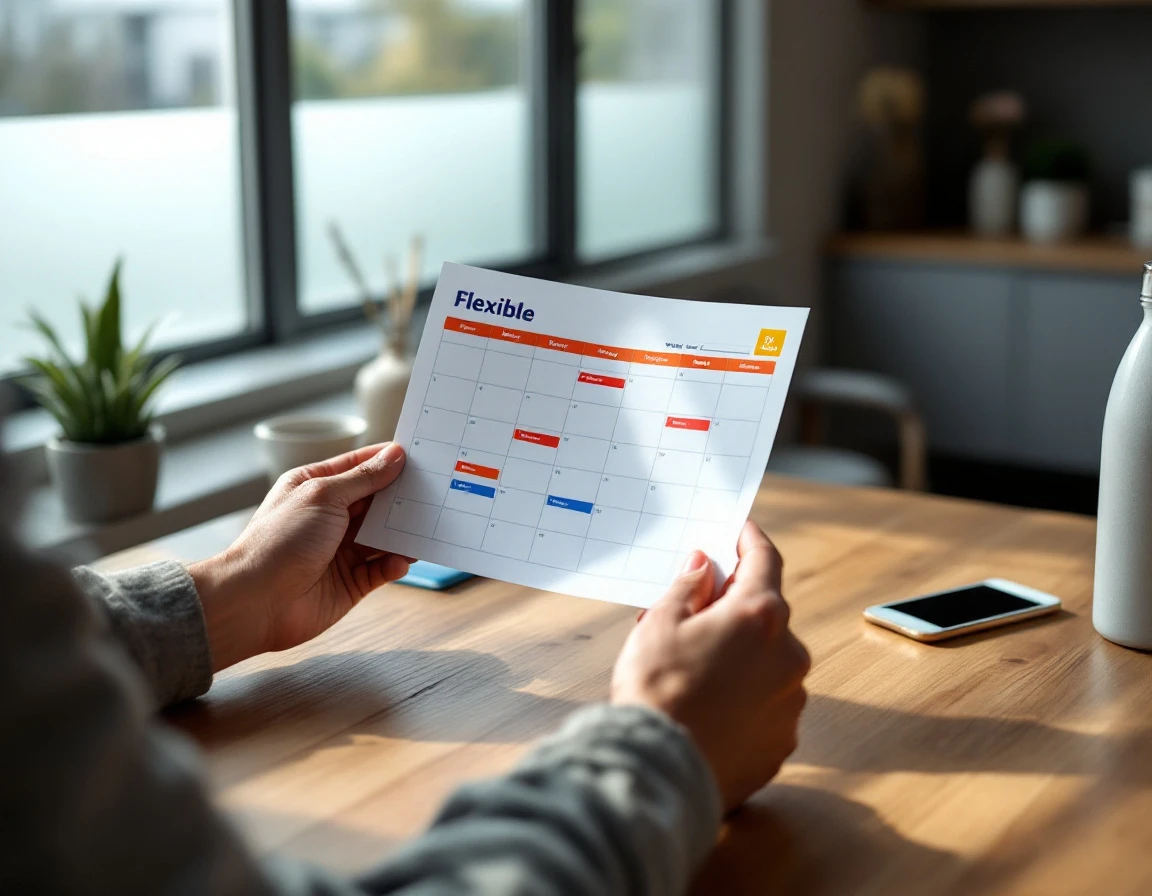 Retail employee reviewing flexible work schedule at break room table with natural lighting