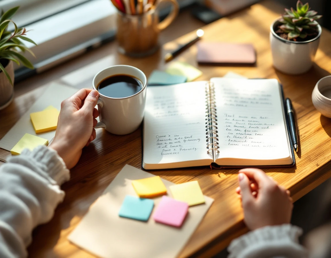Caregiver's hands at workspace with coffee, notebook, and organized sticky notes in natural morning light