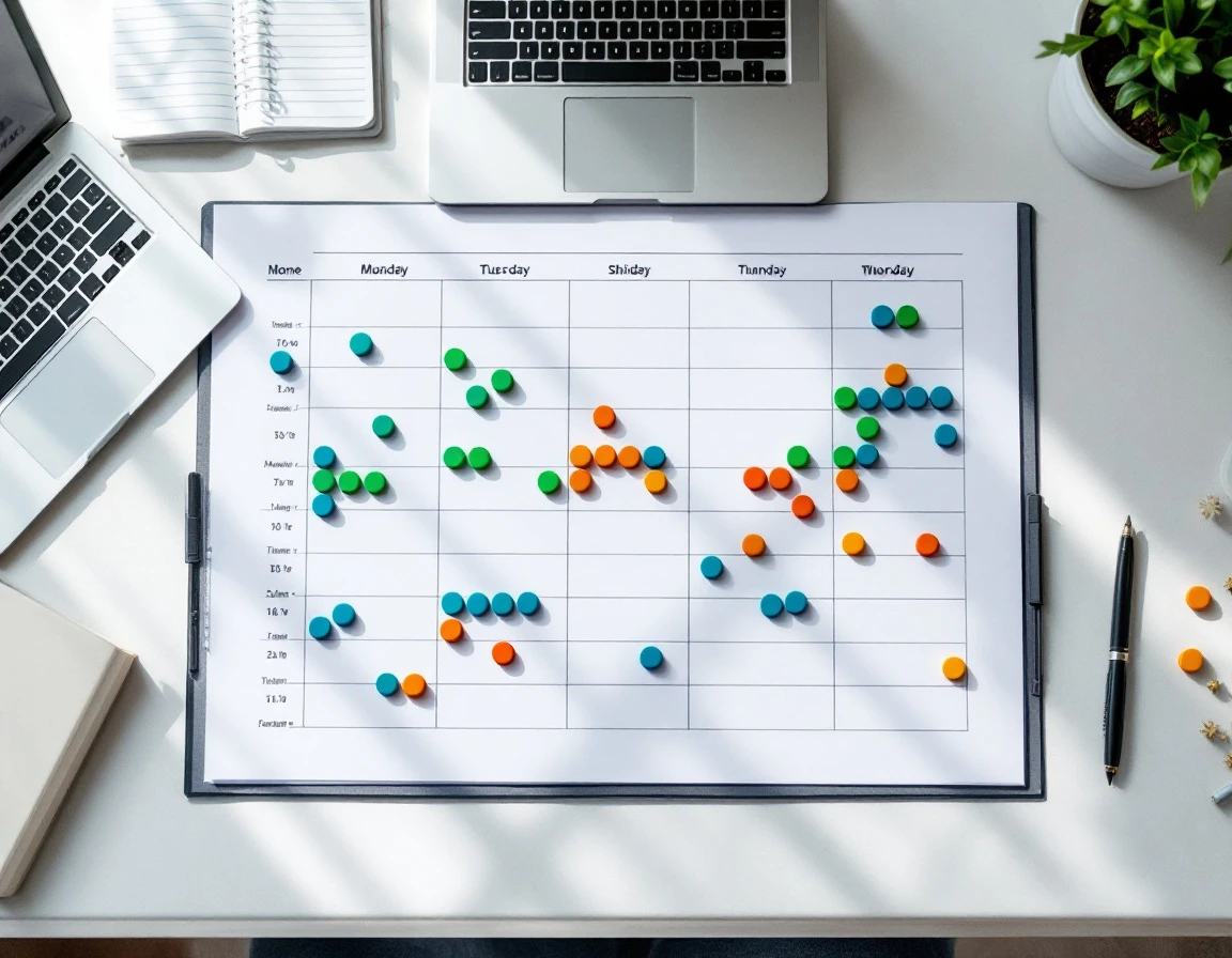 Overhead view of retail scheduling desk with color-coded magnetic tokens arranged on weekly planning grid