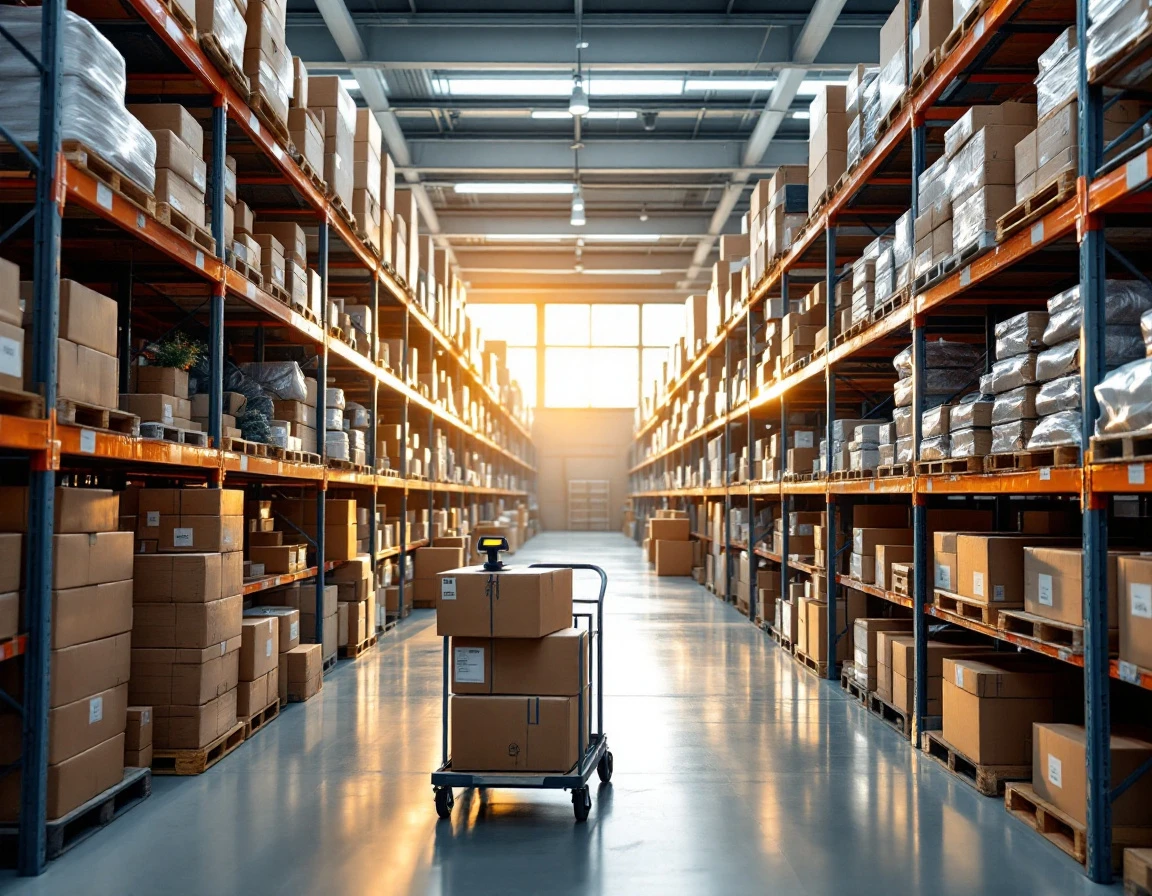 Organized retail stockroom with seasonal inventory on metal shelving and barcode scanner on cart