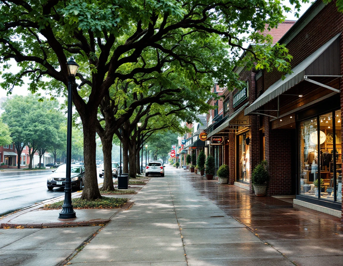 Quiet retail street on a July morning before back-to-school shopping season begins