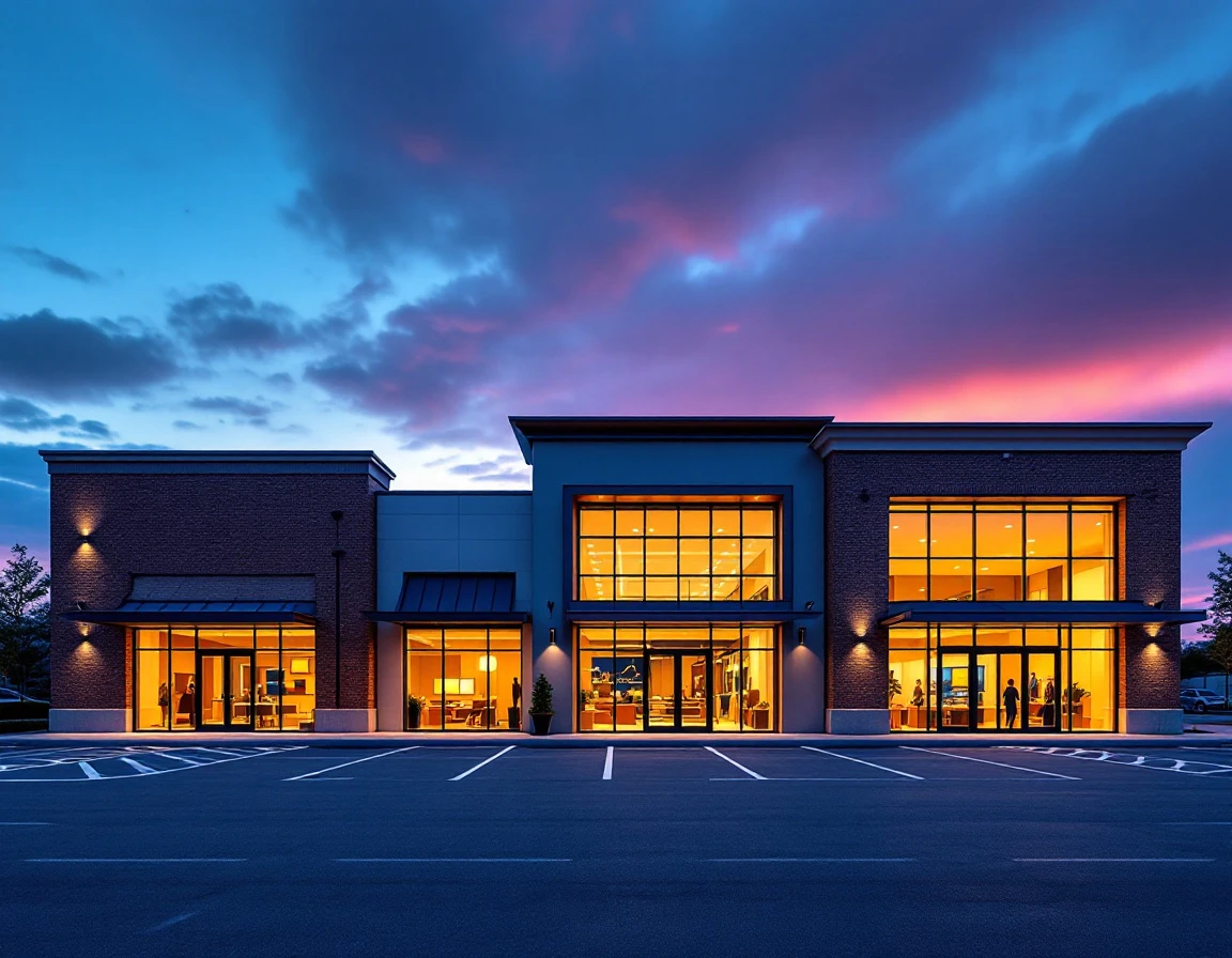 Modern retail strip center with three storefronts at twilight showing vacant and occupied units