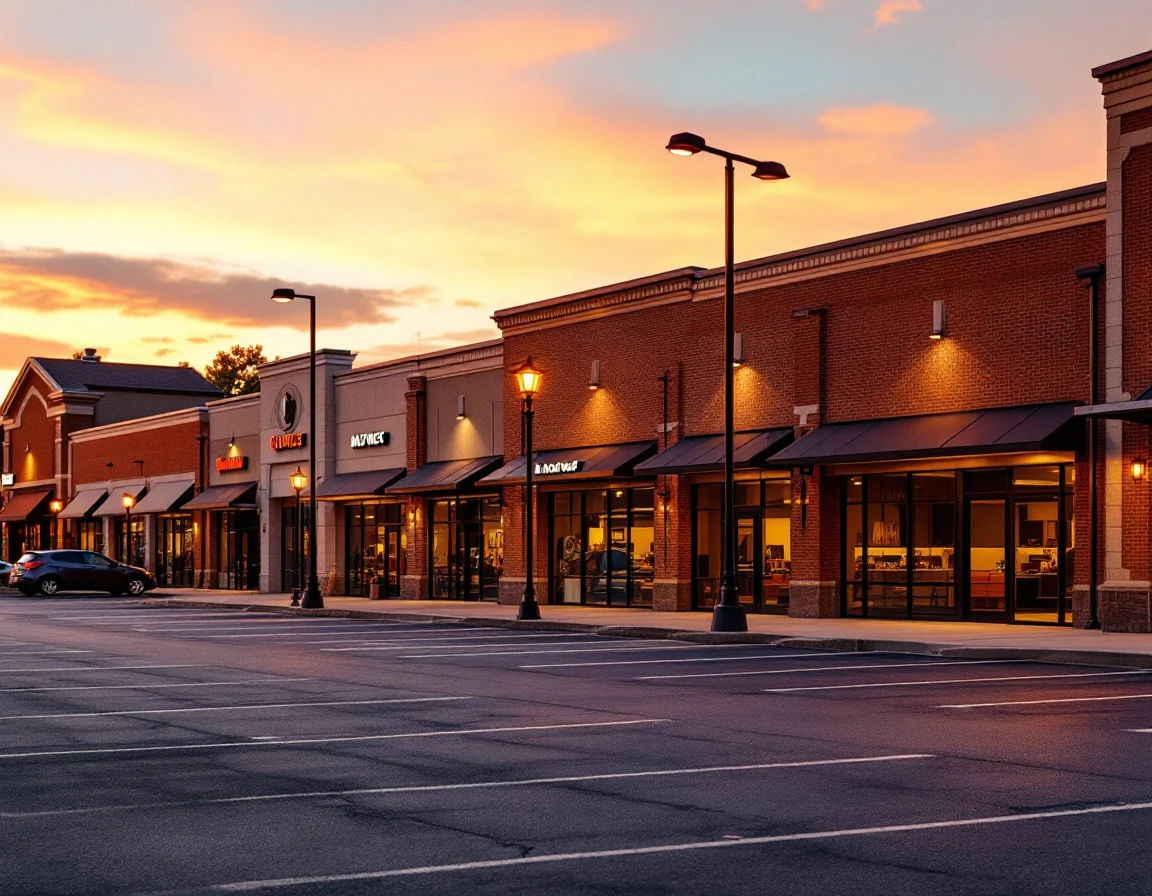 Generic strip mall exterior at sunset showing multiple anonymous storefronts and parking lot